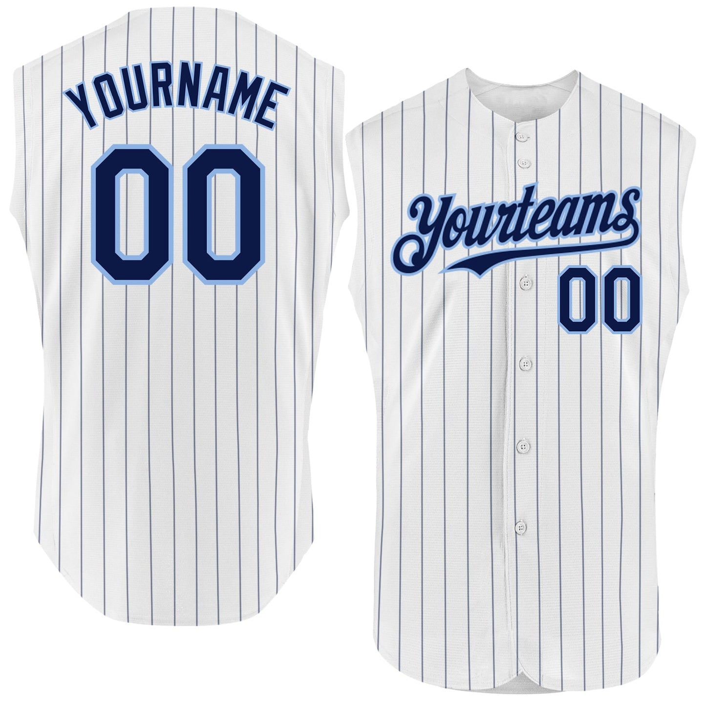 Custom White Navy Pinstripe Light Blue Authentic Sleeveless Baseball Jersey - Main View