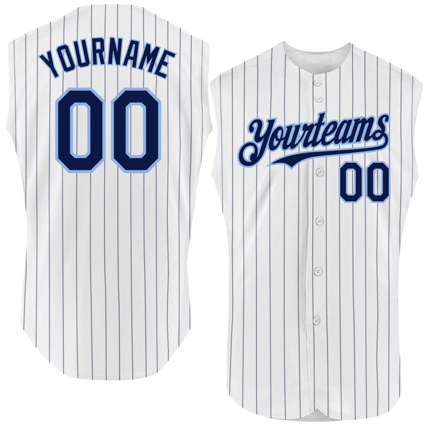 Custom White Navy Pinstripe Light Blue Authentic Sleeveless Baseball Jersey - Main View
