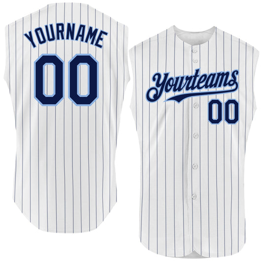 Custom White Navy Pinstripe Light Blue Authentic Sleeveless Baseball Jersey - Main View