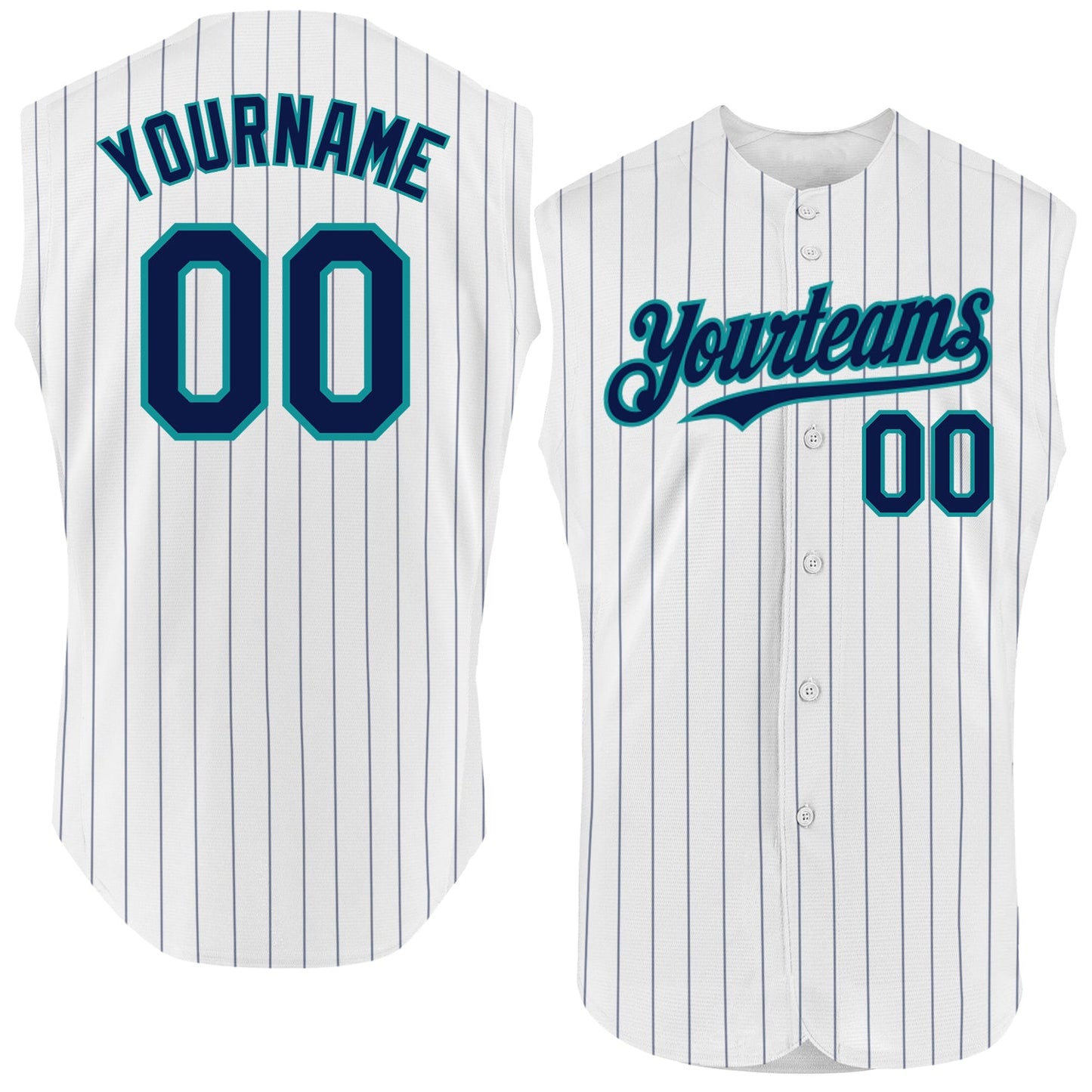 Custom White Navy Pinstripe Teal Authentic Sleeveless Baseball Jersey - Main View