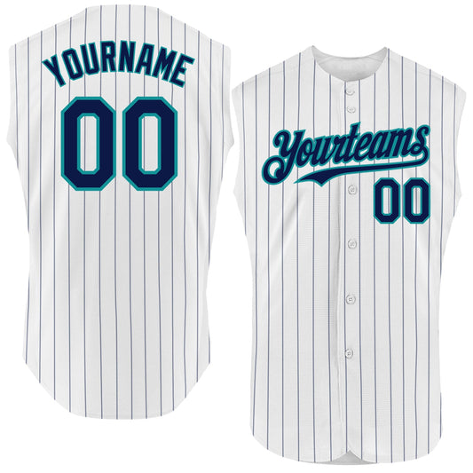 Custom White Navy Pinstripe Teal Authentic Sleeveless Baseball Jersey - Main View