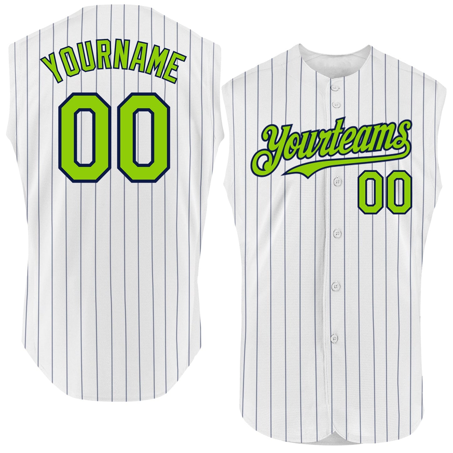 Custom White Navy Pinstripe Neon Green Authentic Sleeveless Baseball Jersey - Main View