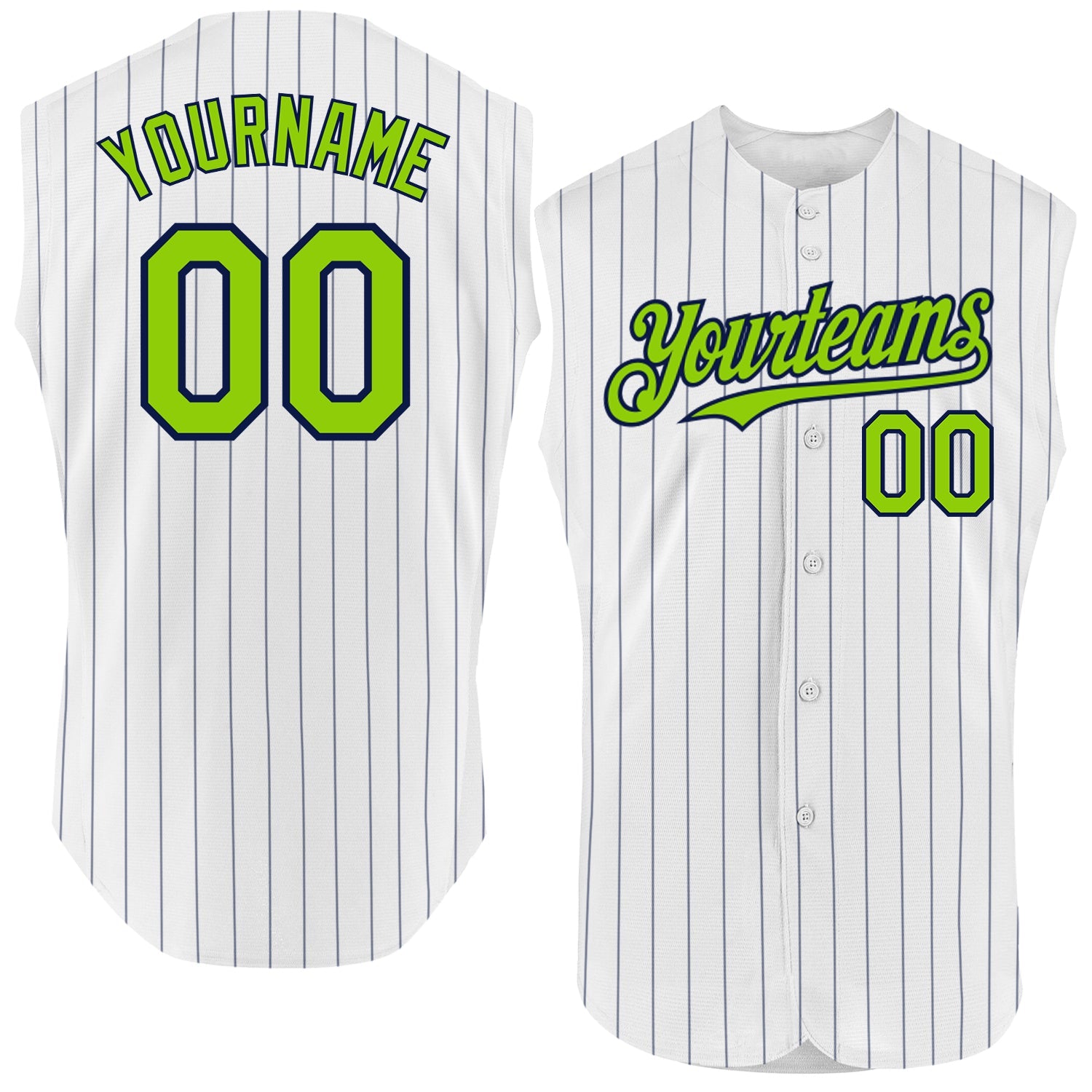 Custom White Navy Pinstripe Neon Green Authentic Sleeveless Baseball Jersey - Main View