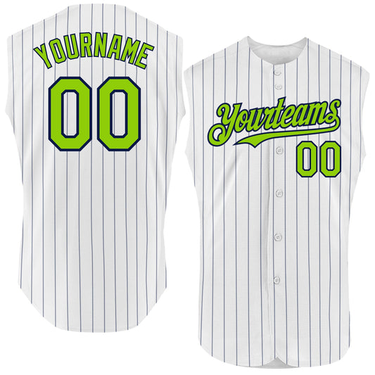 Custom White Navy Pinstripe Neon Green Authentic Sleeveless Baseball Jersey - Main View