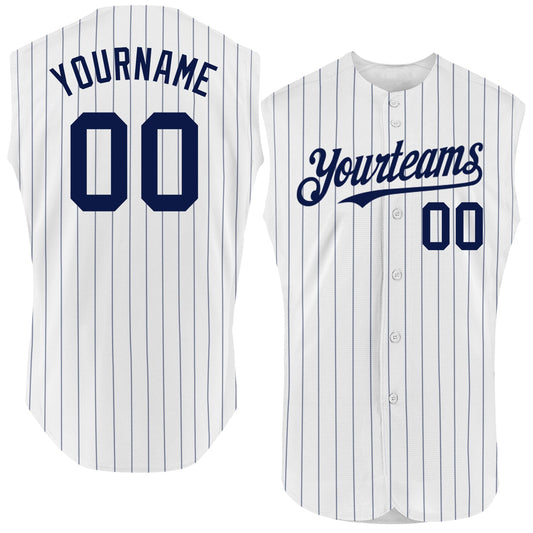 Custom White Navy Pinstripe Navy Authentic Sleeveless Baseball Jersey - Main View