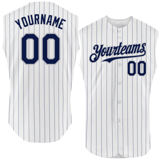 Custom White Navy Pinstripe Gray Authentic Sleeveless Baseball Jersey - Main View