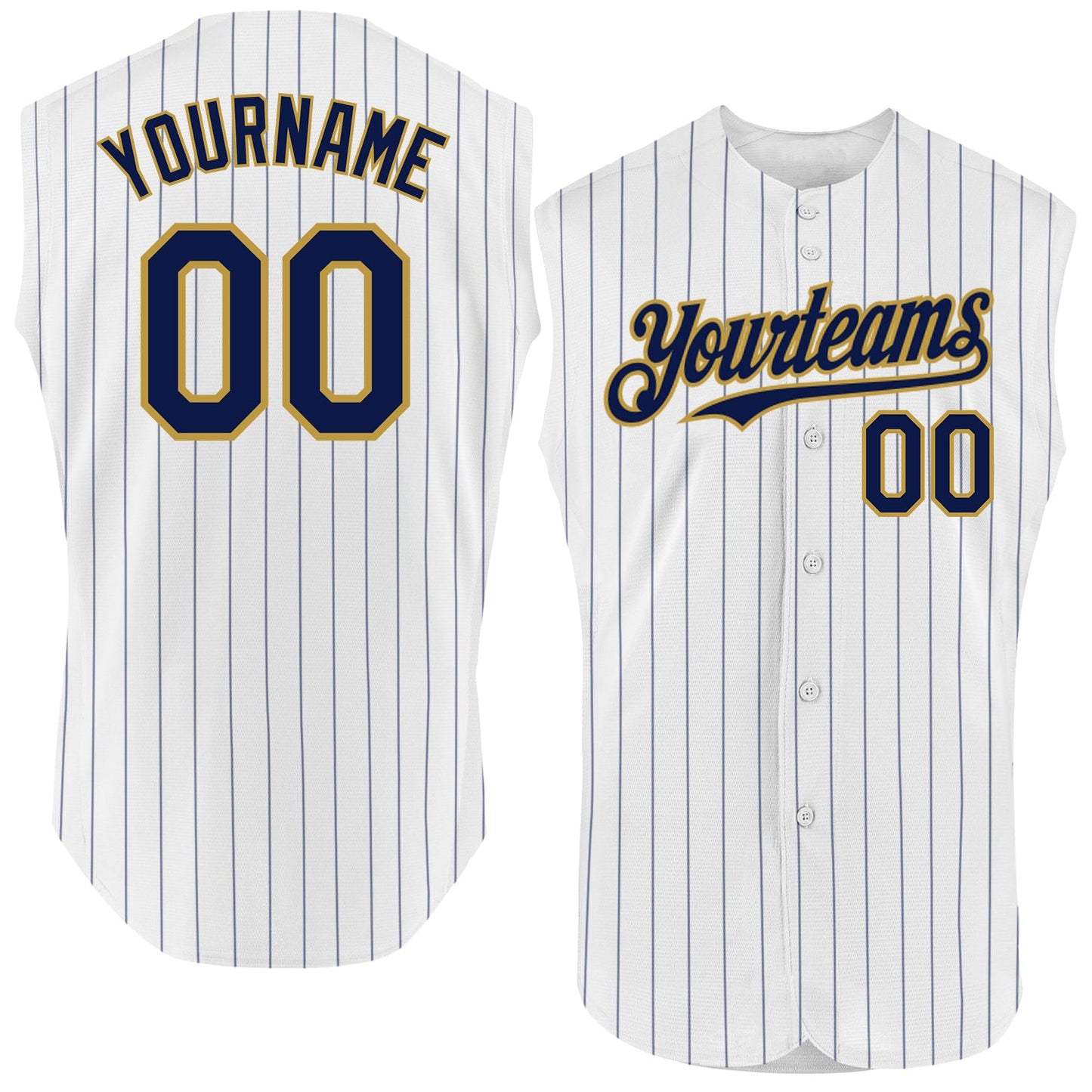 Custom White Navy Pinstripe Old Gold Authentic Sleeveless Baseball Jersey - Main View