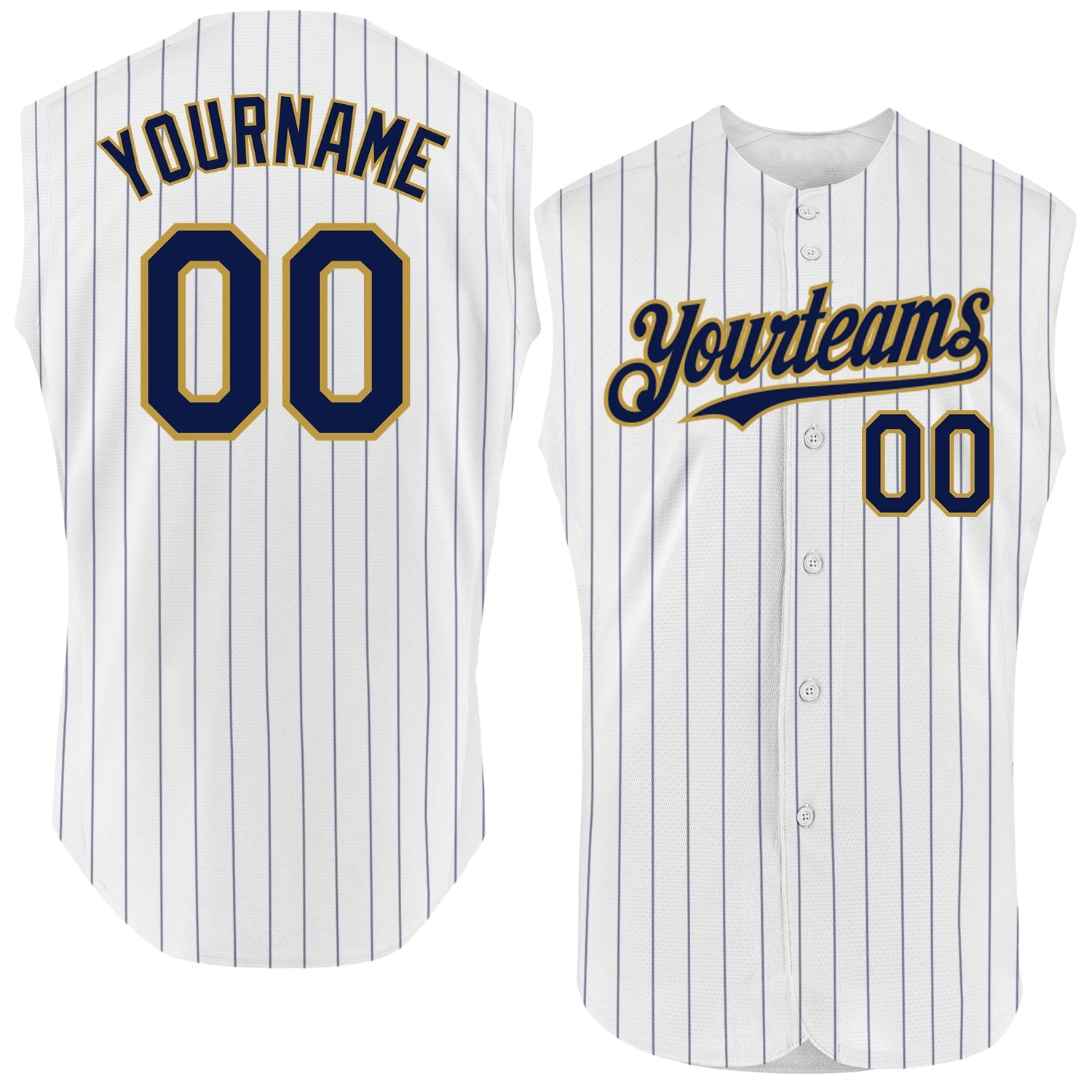 Custom White Navy Pinstripe Old Gold Authentic Sleeveless Baseball Jersey - Main View