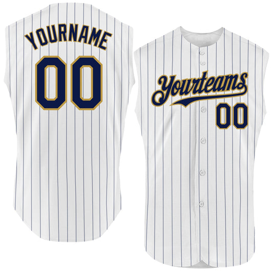 Custom White Navy Pinstripe Old Gold Authentic Sleeveless Baseball Jersey - Main View