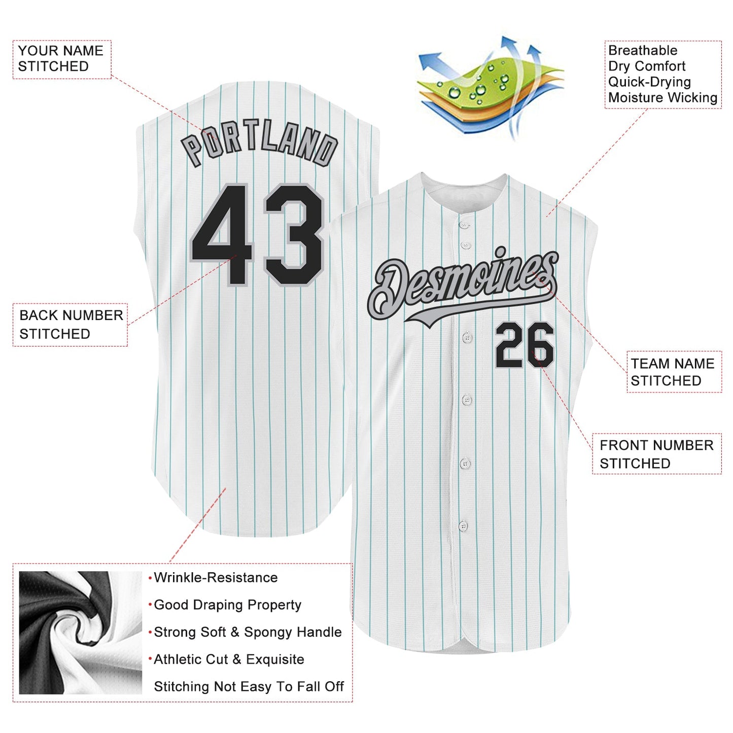 Custom White Teal Pinstripe Black-Gray Authentic Sleeveless Baseball Jersey view 2