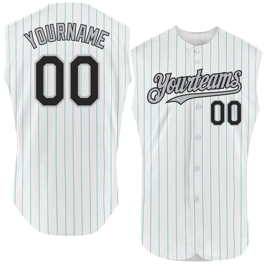 Custom White Teal Pinstripe Black-Gray Authentic Sleeveless Baseball Jersey - Main View