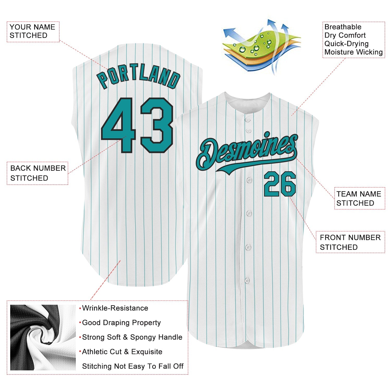 Custom White Teal Pinstripe Black Authentic Sleeveless Baseball Jersey view 2