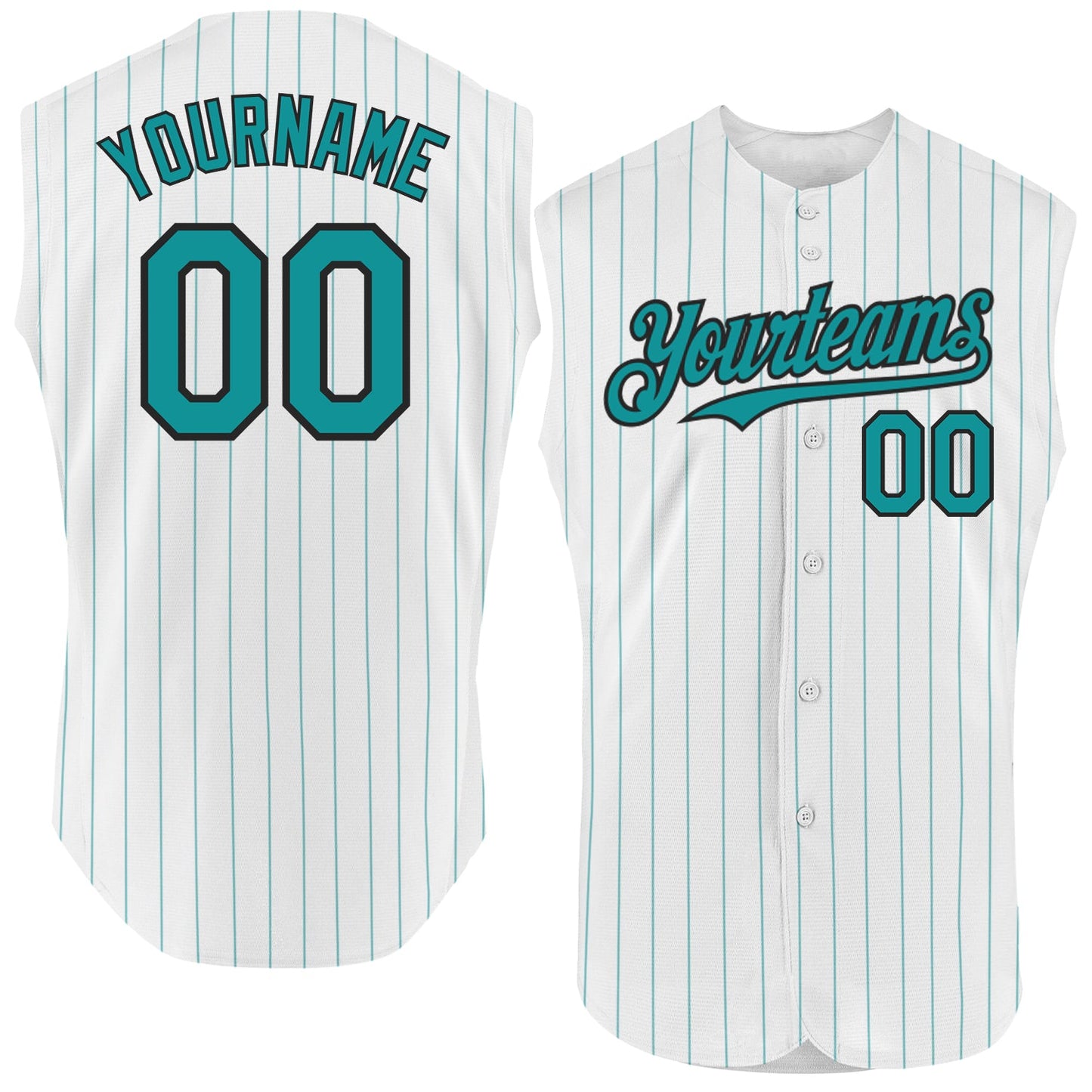 Custom White Teal Pinstripe Black Authentic Sleeveless Baseball Jersey - Main View