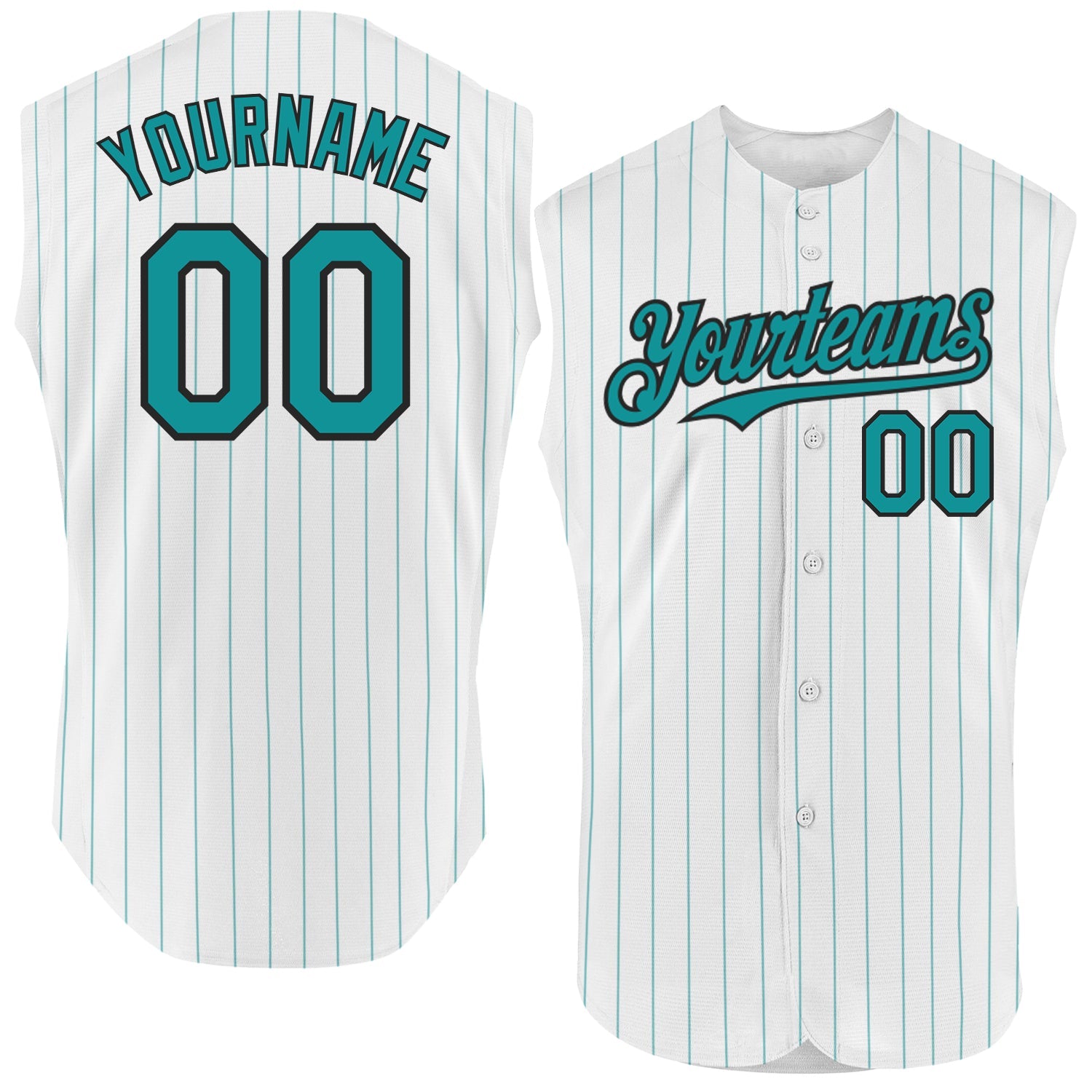 Custom White Teal Pinstripe Black Authentic Sleeveless Baseball Jersey - Main View