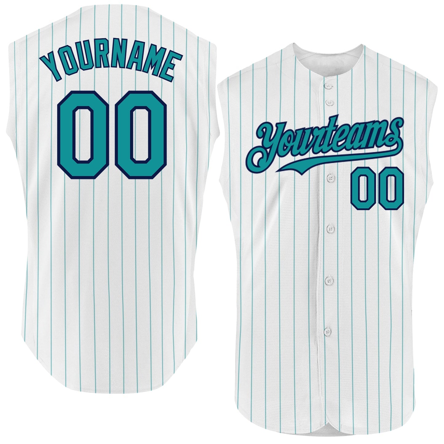 Custom White Teal Pinstripe Navy Authentic Sleeveless Baseball Jersey - Main View