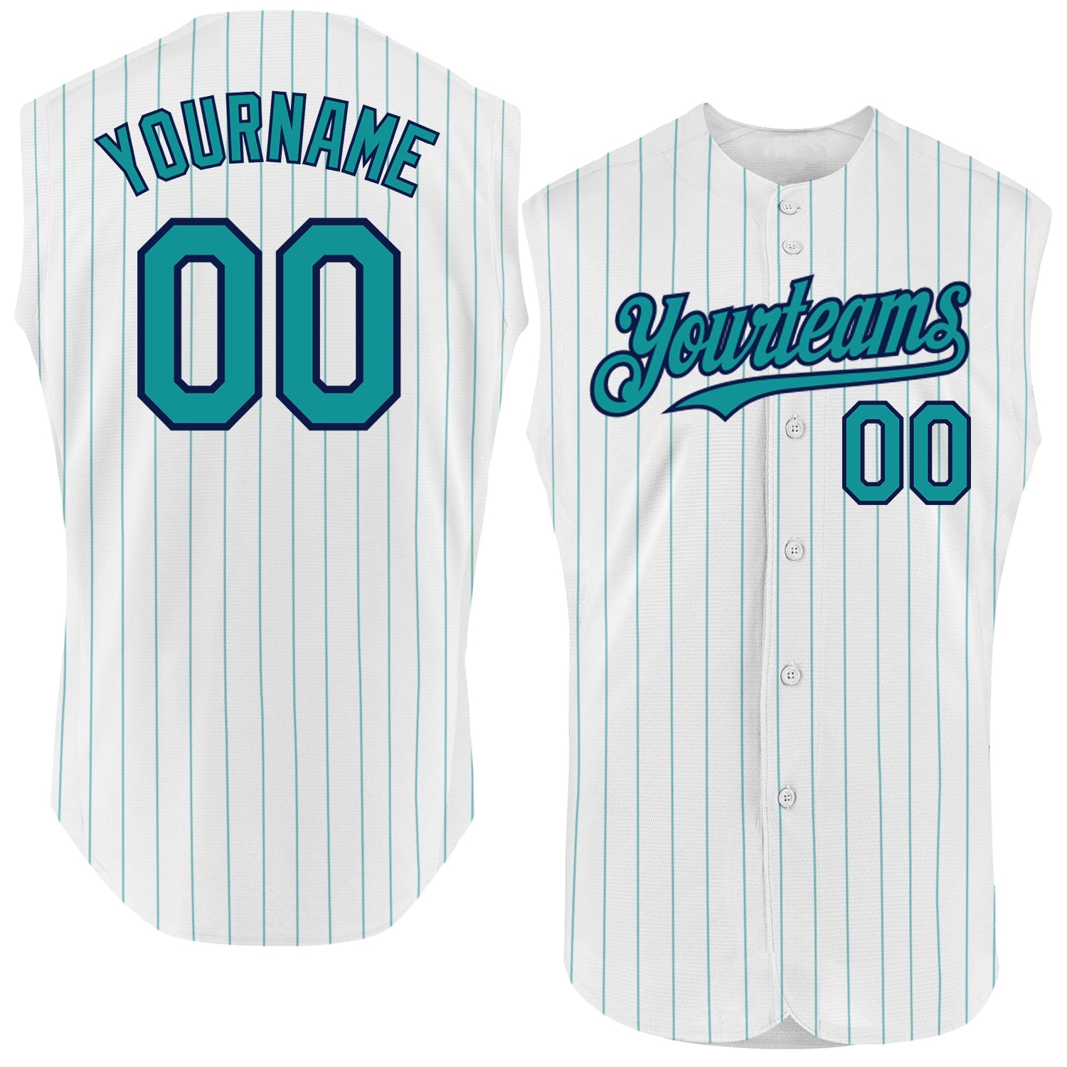Custom White Teal Pinstripe Navy Authentic Sleeveless Baseball Jersey - Main View