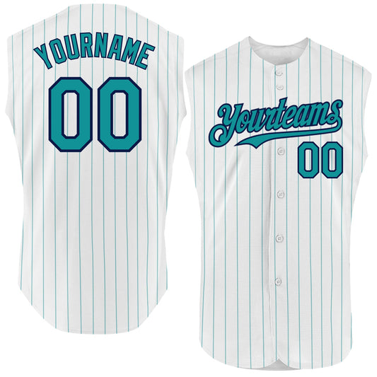 Custom White Teal Pinstripe Navy Authentic Sleeveless Baseball Jersey - Main View