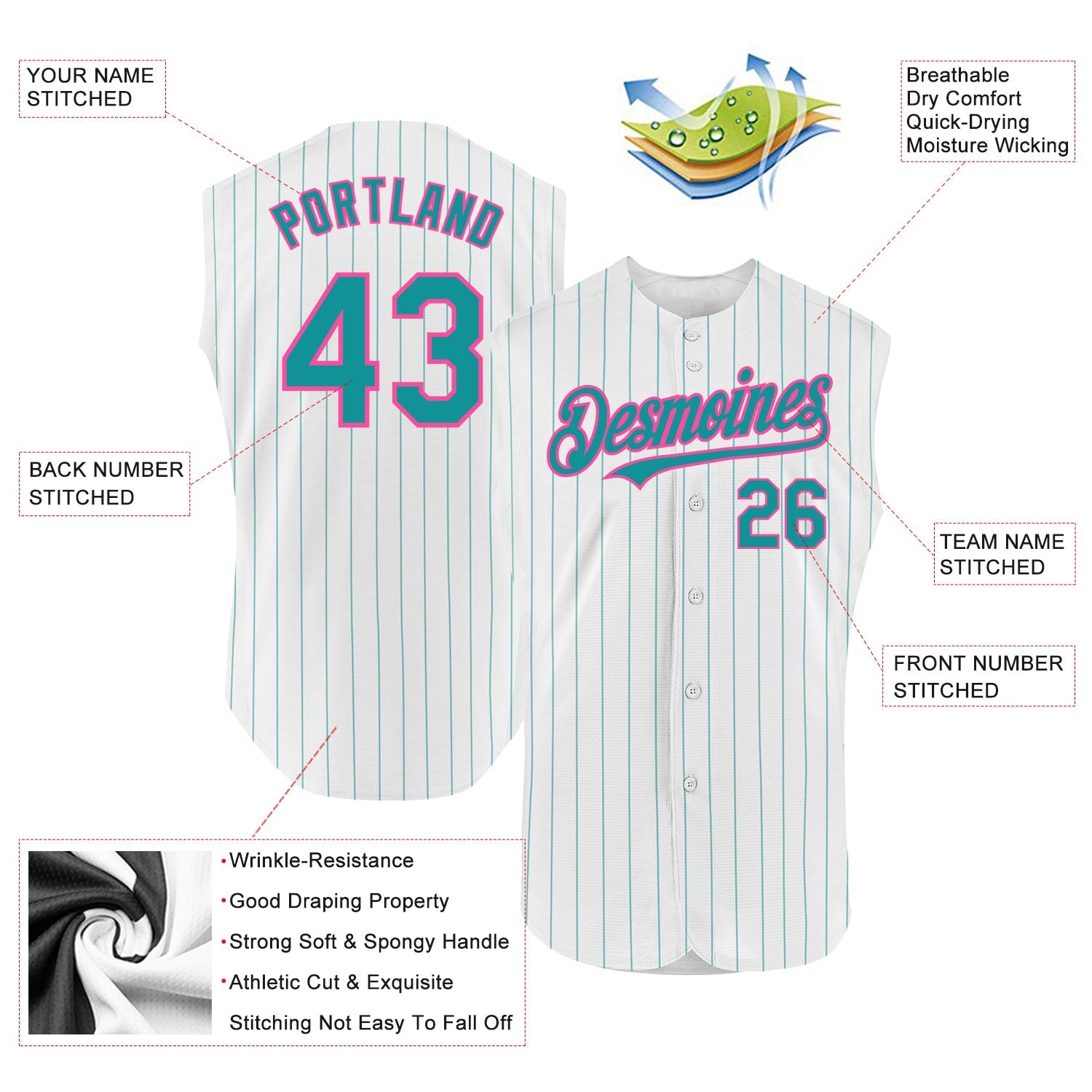 Custom White Teal Pinstripe Pink Authentic Sleeveless Baseball Jersey view 2