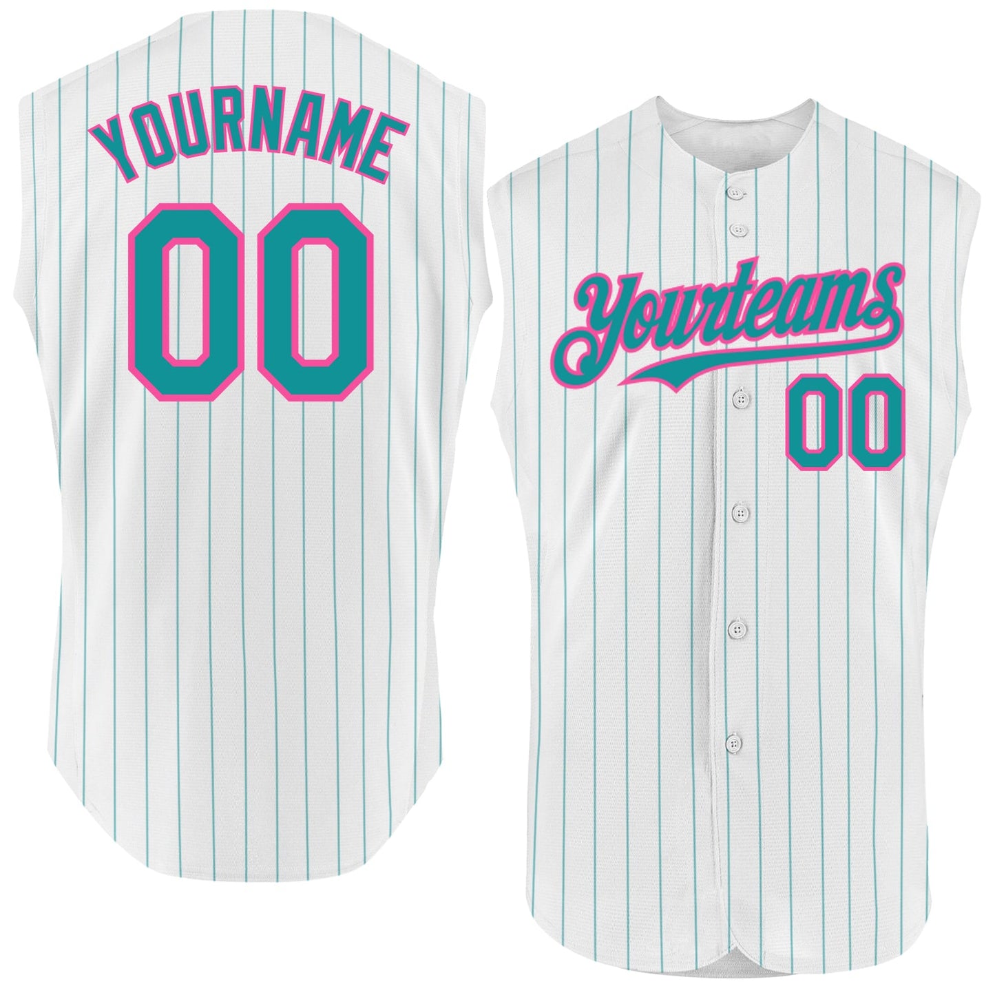 Custom White Teal Pinstripe Pink Authentic Sleeveless Baseball Jersey - Main View