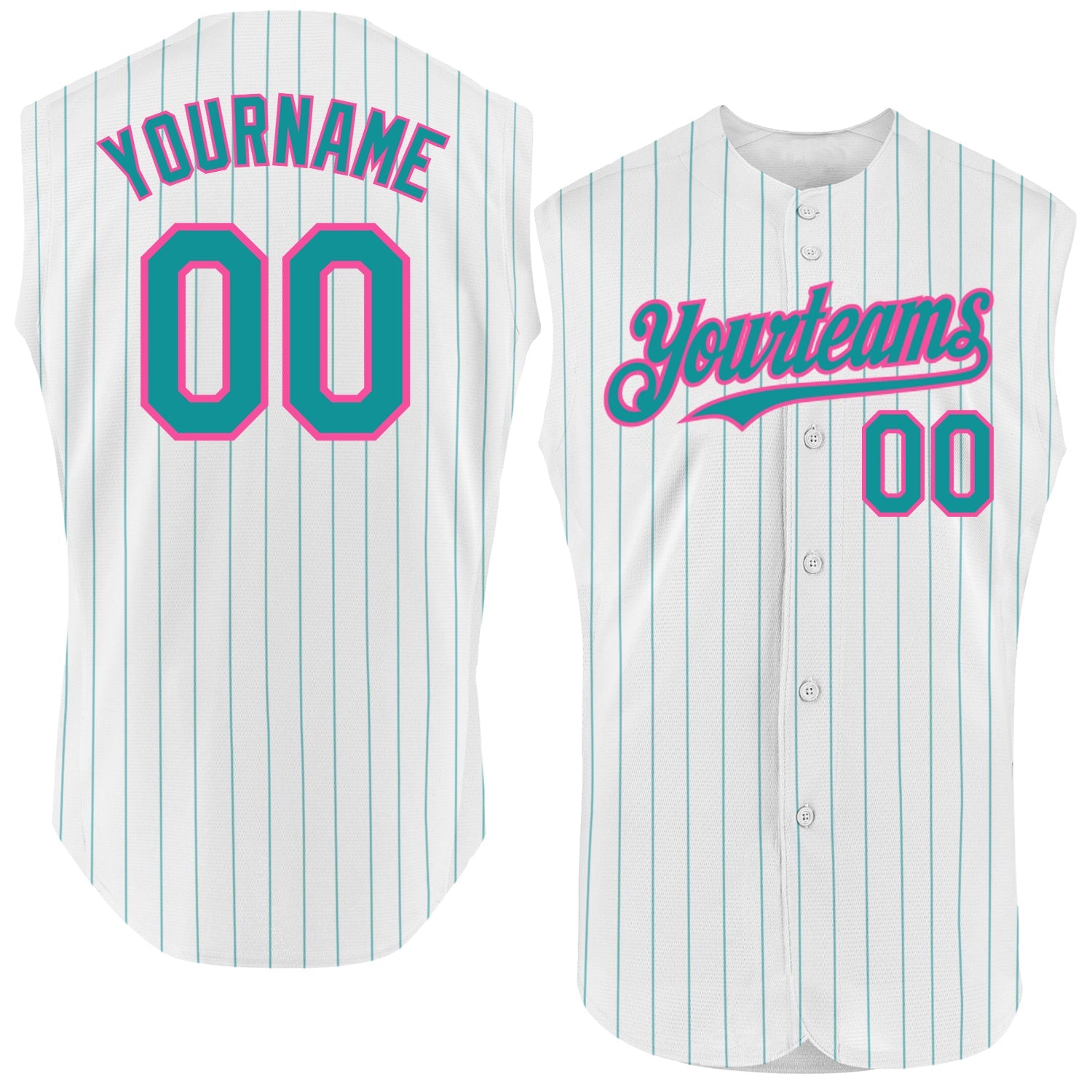 Custom White Teal Pinstripe Pink Authentic Sleeveless Baseball Jersey - Main View