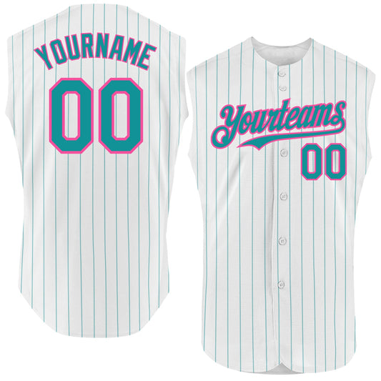 Custom White Teal Pinstripe Pink Authentic Sleeveless Baseball Jersey - Main View