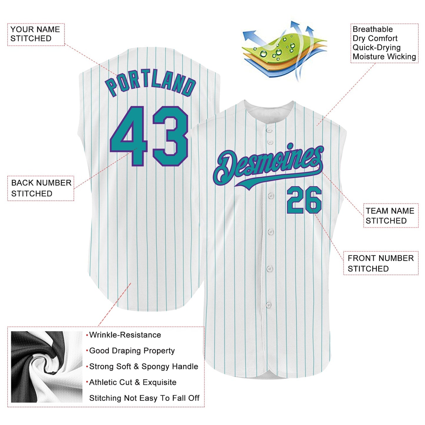 Custom White Teal Pinstripe Purple Authentic Sleeveless Baseball Jersey view 2
