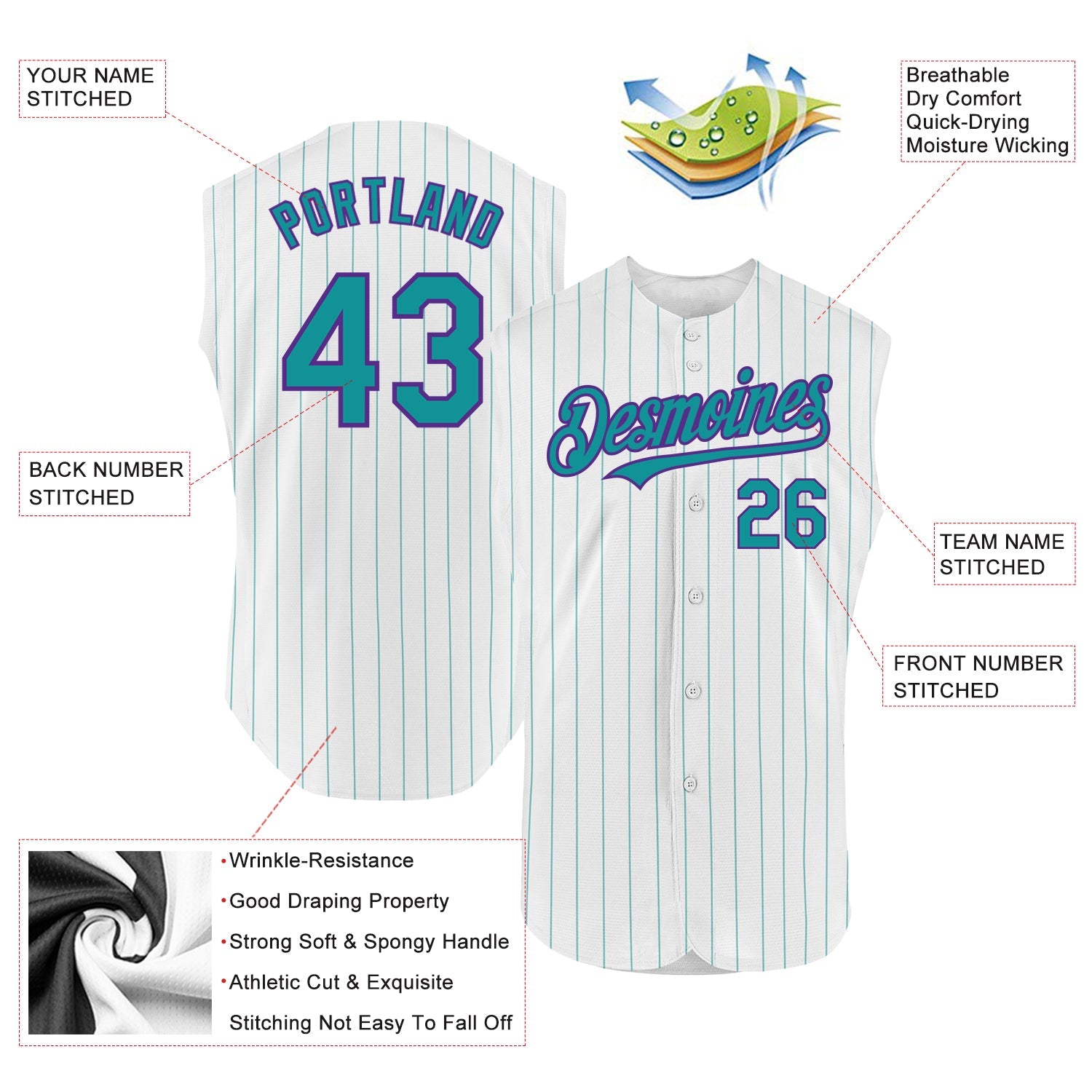 Custom White Teal Pinstripe Purple Authentic Sleeveless Baseball Jersey view 2