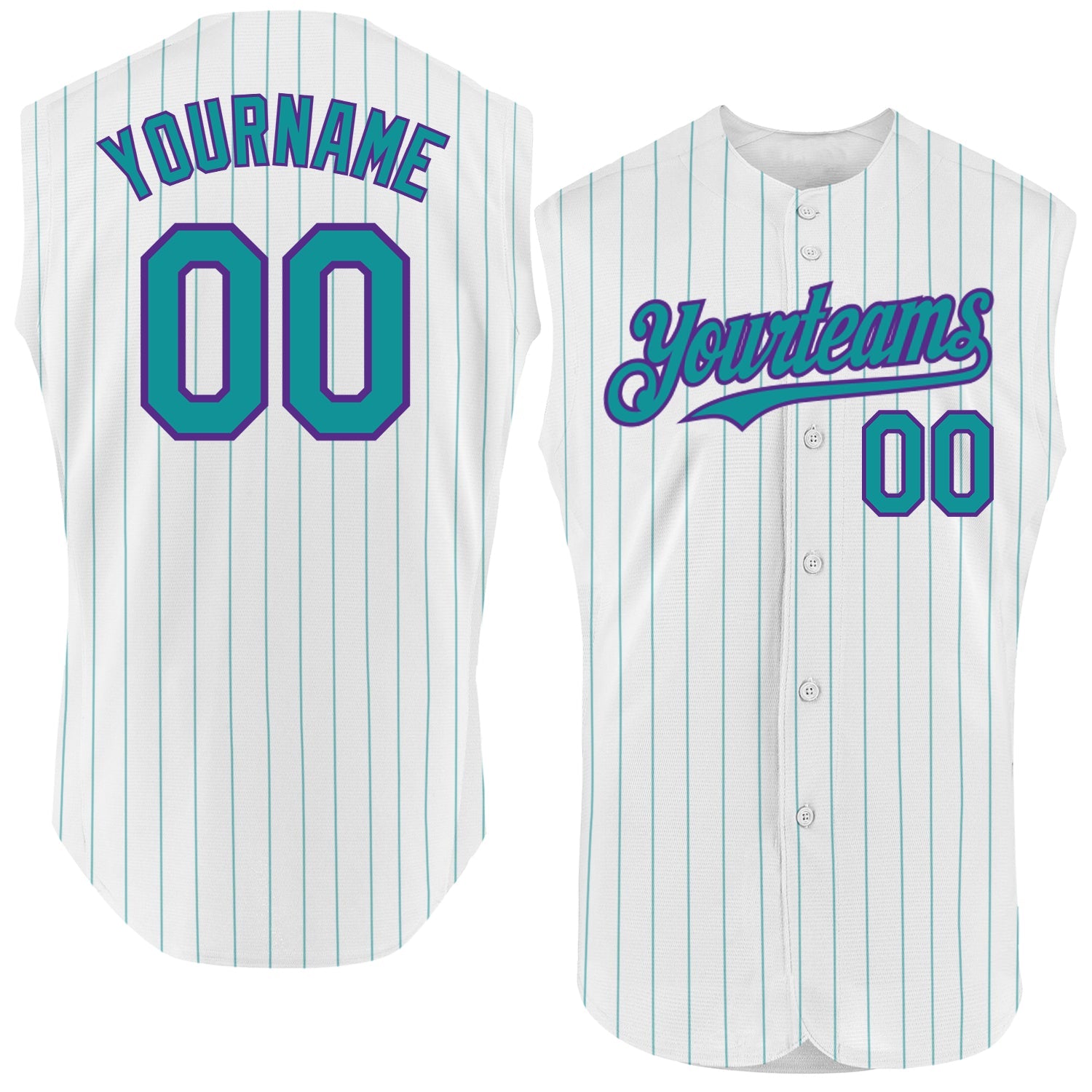 Custom White Teal Pinstripe Purple Authentic Sleeveless Baseball Jersey - Main View