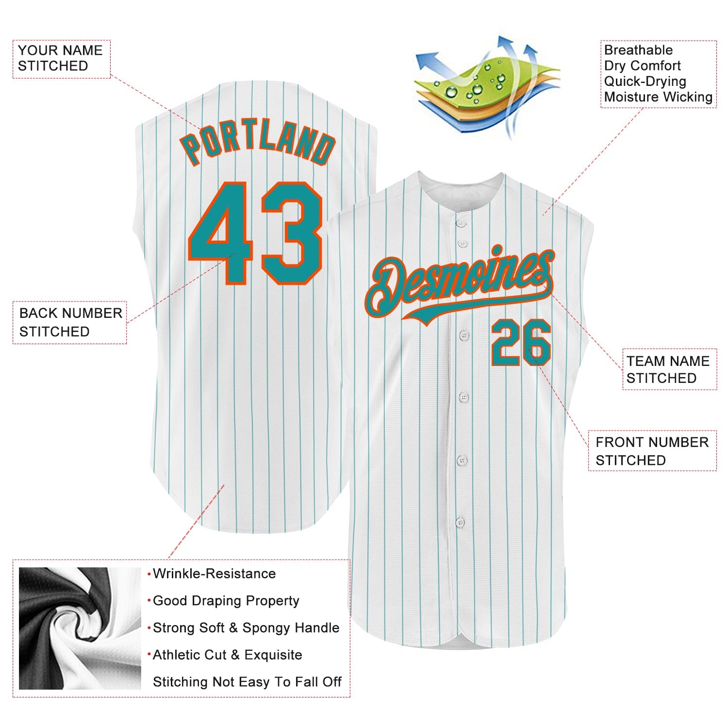 Custom White Teal Pinstripe Orange Authentic Sleeveless Baseball Jersey view 2