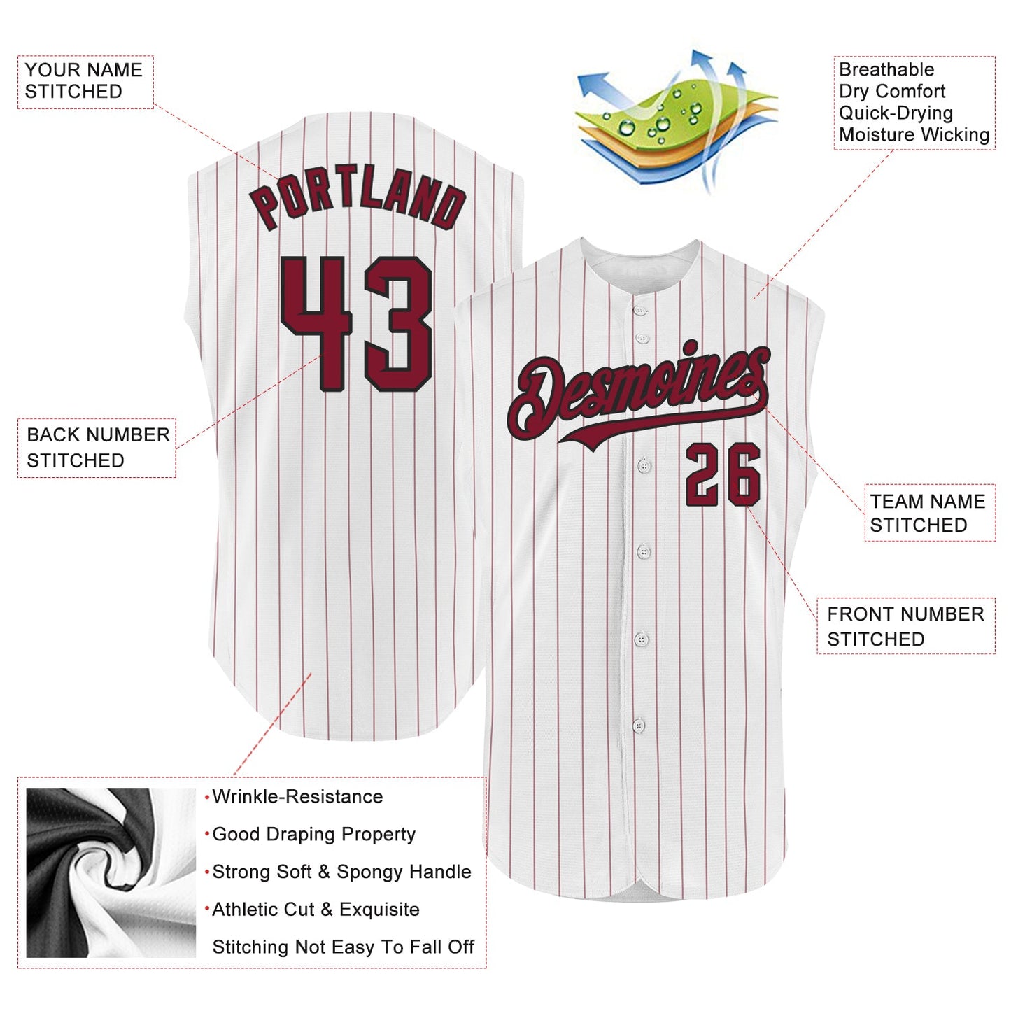 Custom White Crimson Pinstripe Black Authentic Sleeveless Baseball Jersey view 2