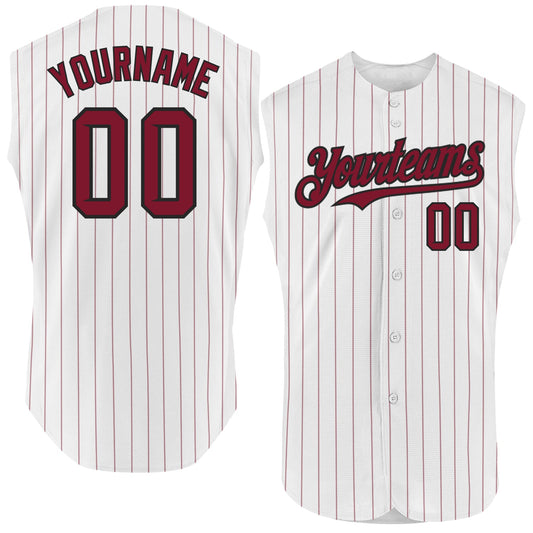 Custom White Crimson Pinstripe Black Authentic Sleeveless Baseball Jersey - Main View