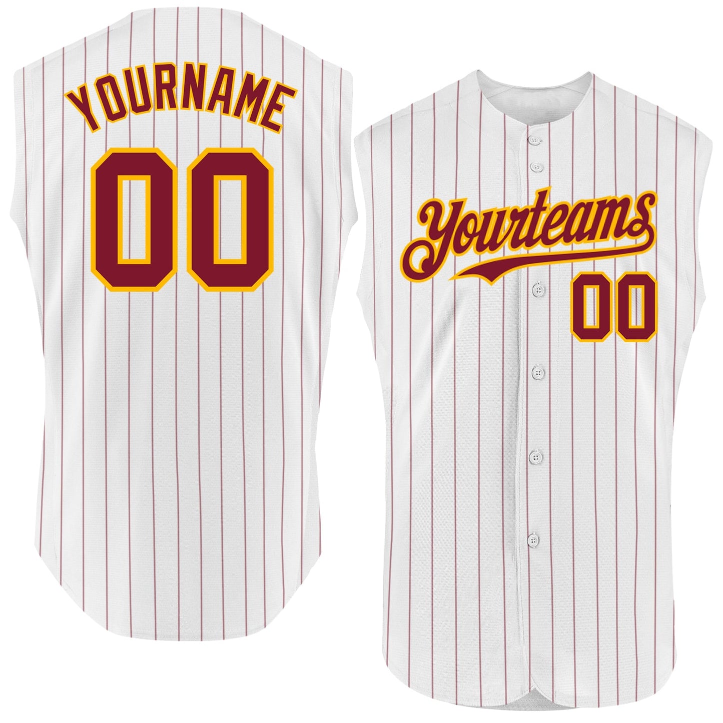 Custom White Crimson Pinstripe Gold Authentic Sleeveless Baseball Jersey - Main View