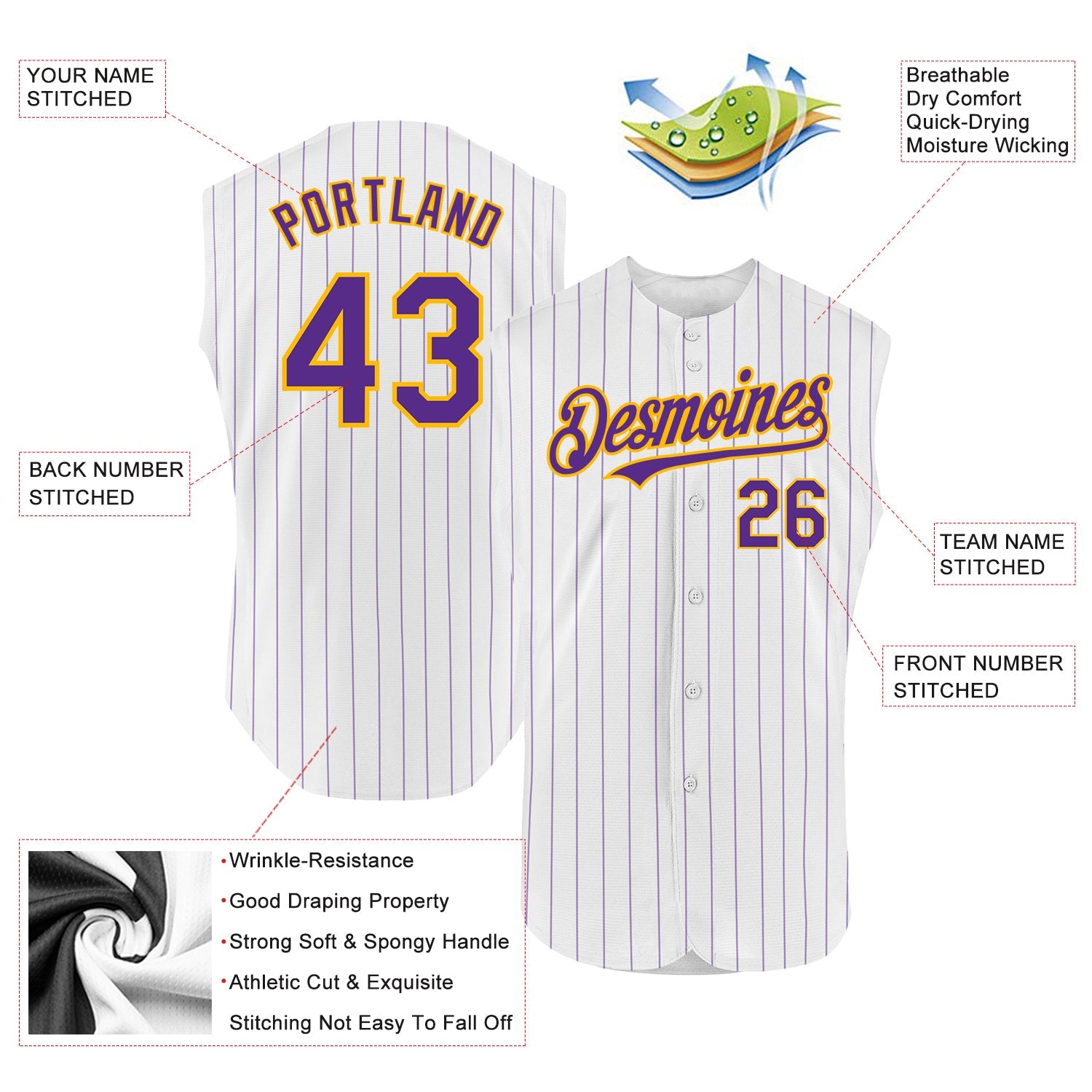 Custom White Purple Pinstripe Gold Authentic Sleeveless Baseball Jersey view 2