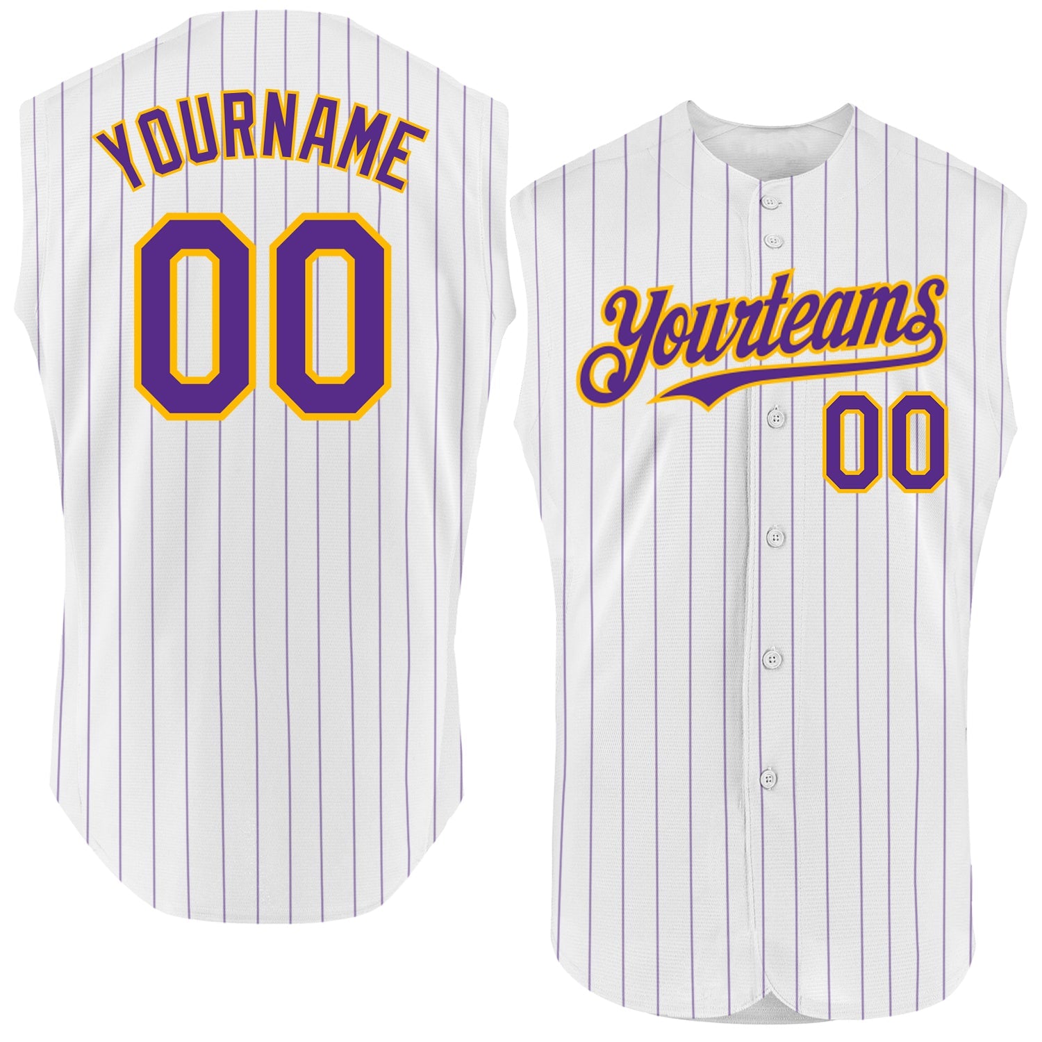 Custom White Purple Pinstripe Gold Authentic Sleeveless Baseball Jersey - Main View