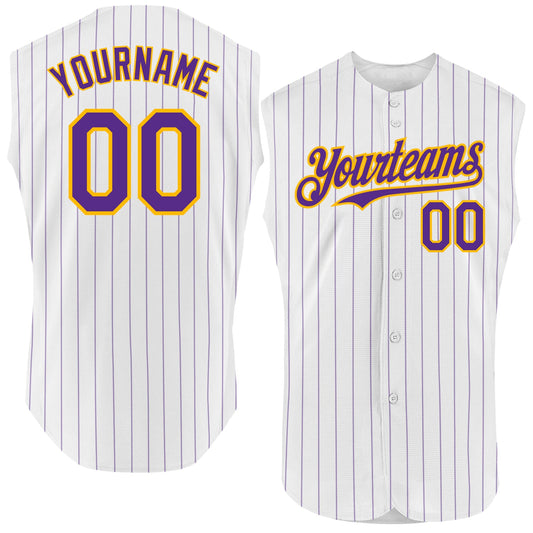 Custom White Purple Pinstripe Gold Authentic Sleeveless Baseball Jersey - Main View