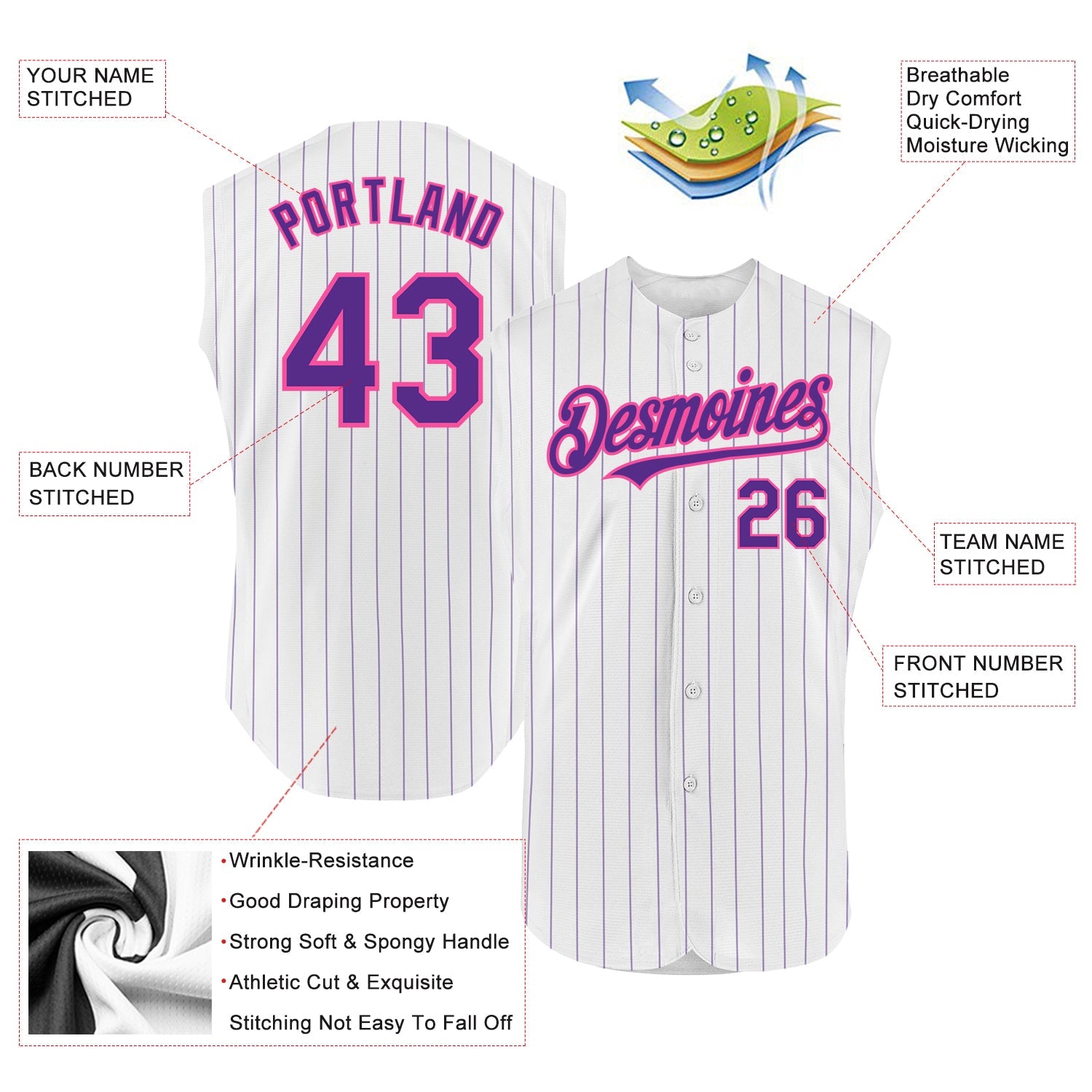 Custom White Purple Pinstripe Pink Authentic Sleeveless Baseball Jersey view 2