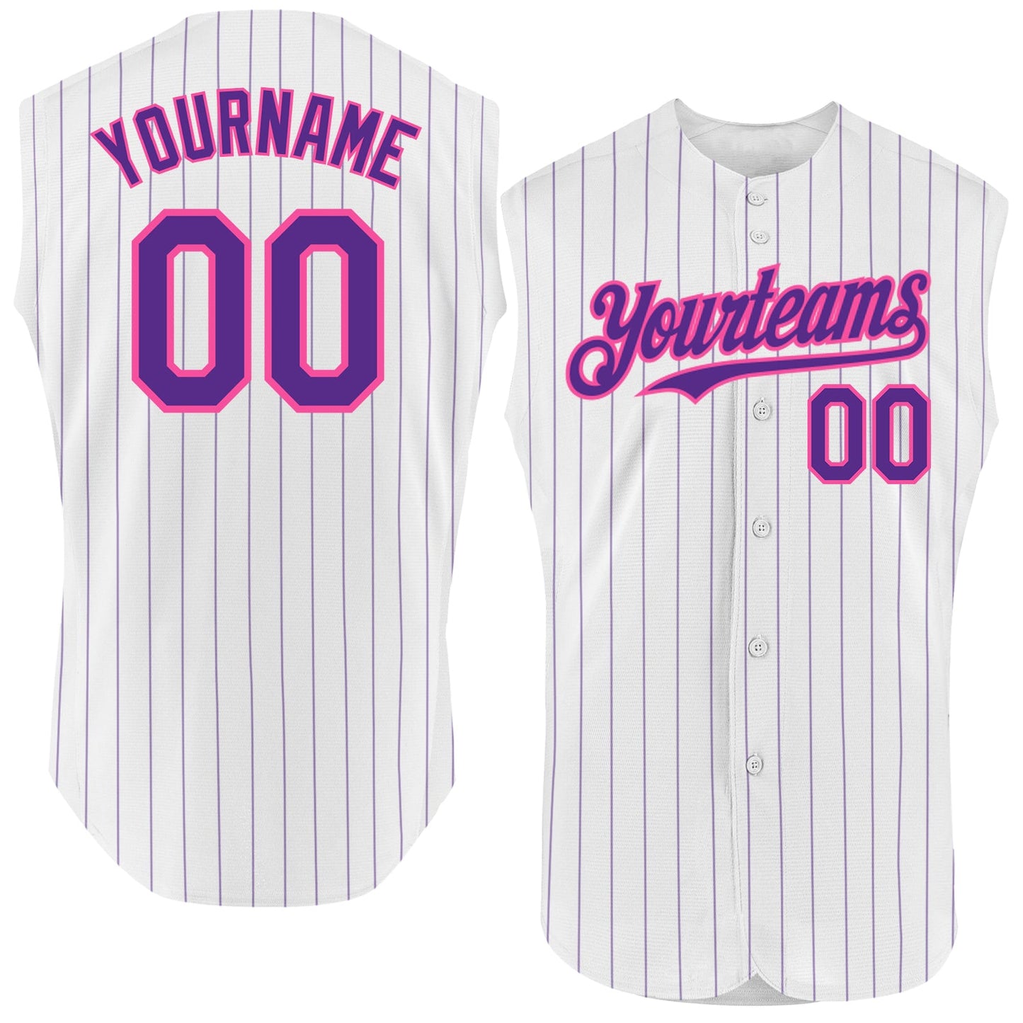 Custom White Purple Pinstripe Pink Authentic Sleeveless Baseball Jersey - Main View