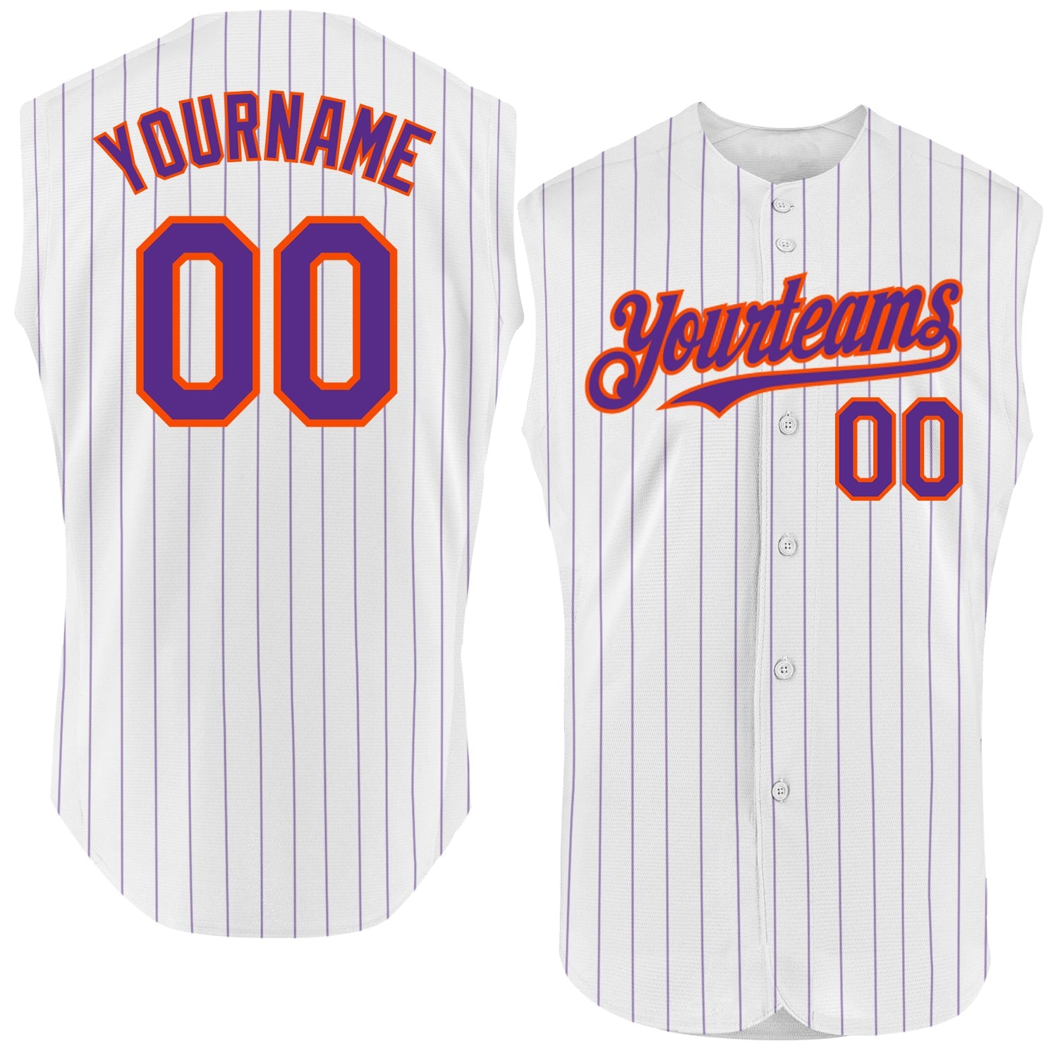 Custom White Purple Pinstripe Orange Authentic Sleeveless Baseball Jersey - Main View
