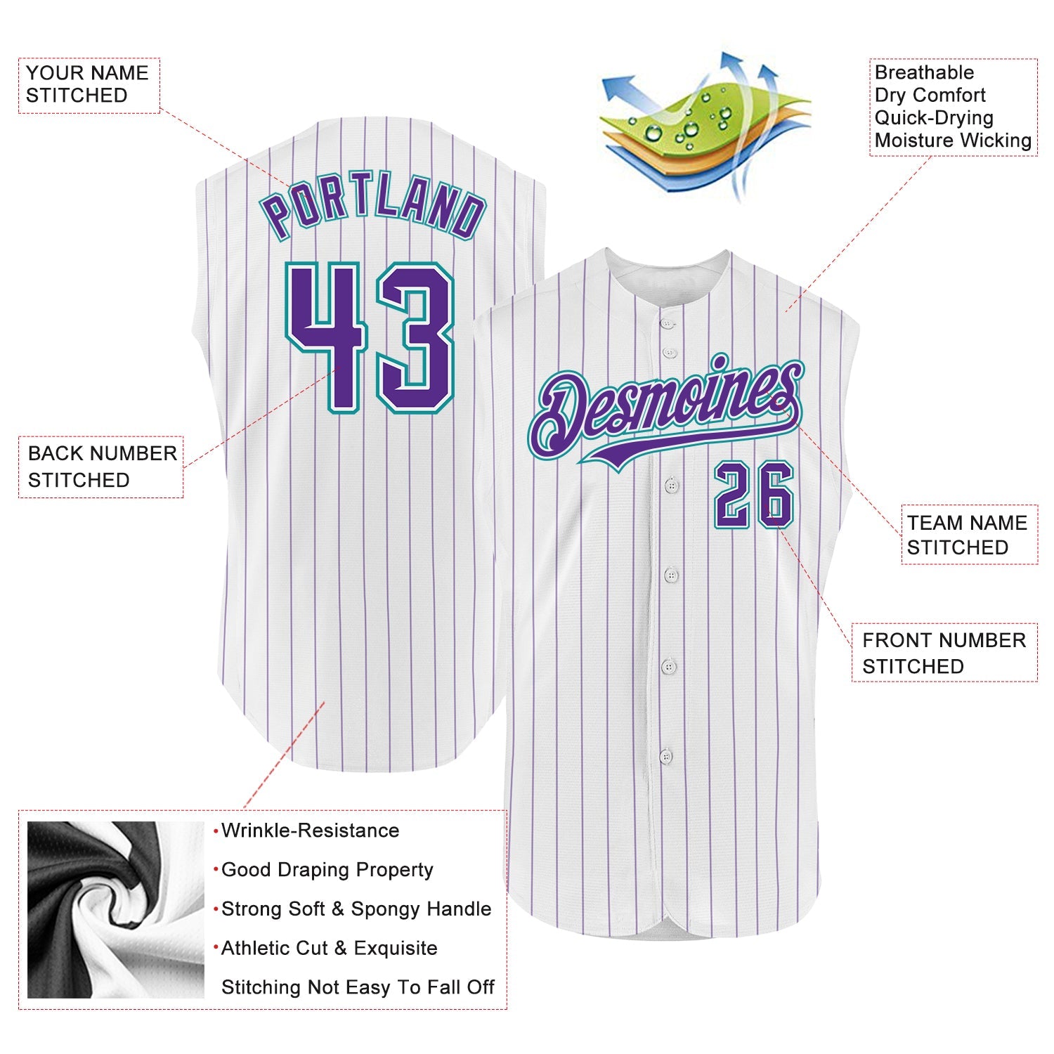 Custom White Purple Pinstripe Teal Authentic Sleeveless Baseball Jersey view 2