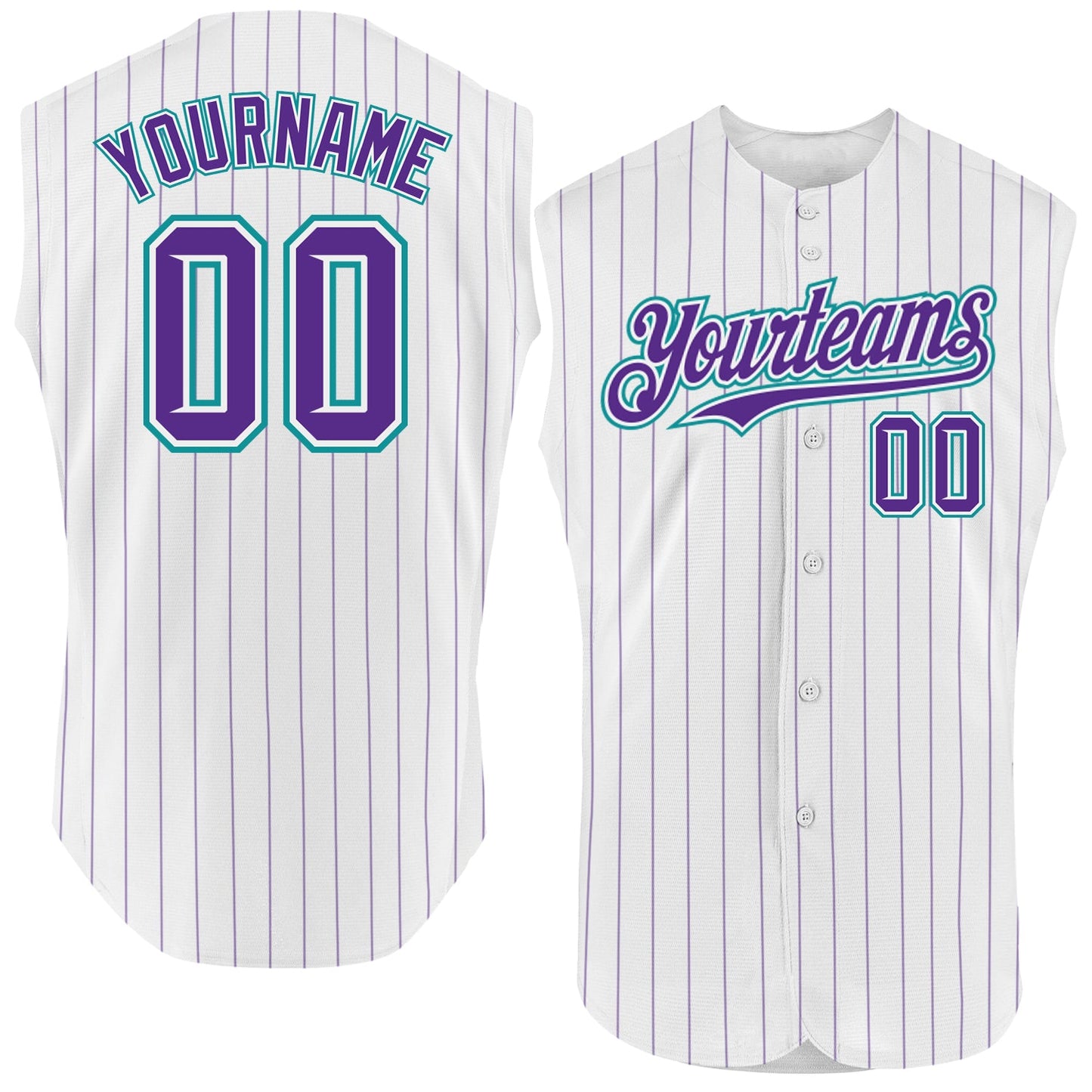 Custom White Purple Pinstripe Teal Authentic Sleeveless Baseball Jersey - Main View