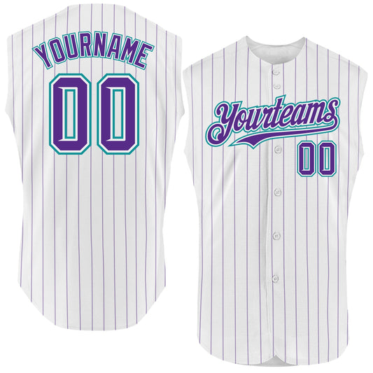 Custom White Purple Pinstripe Teal Authentic Sleeveless Baseball Jersey - Main View