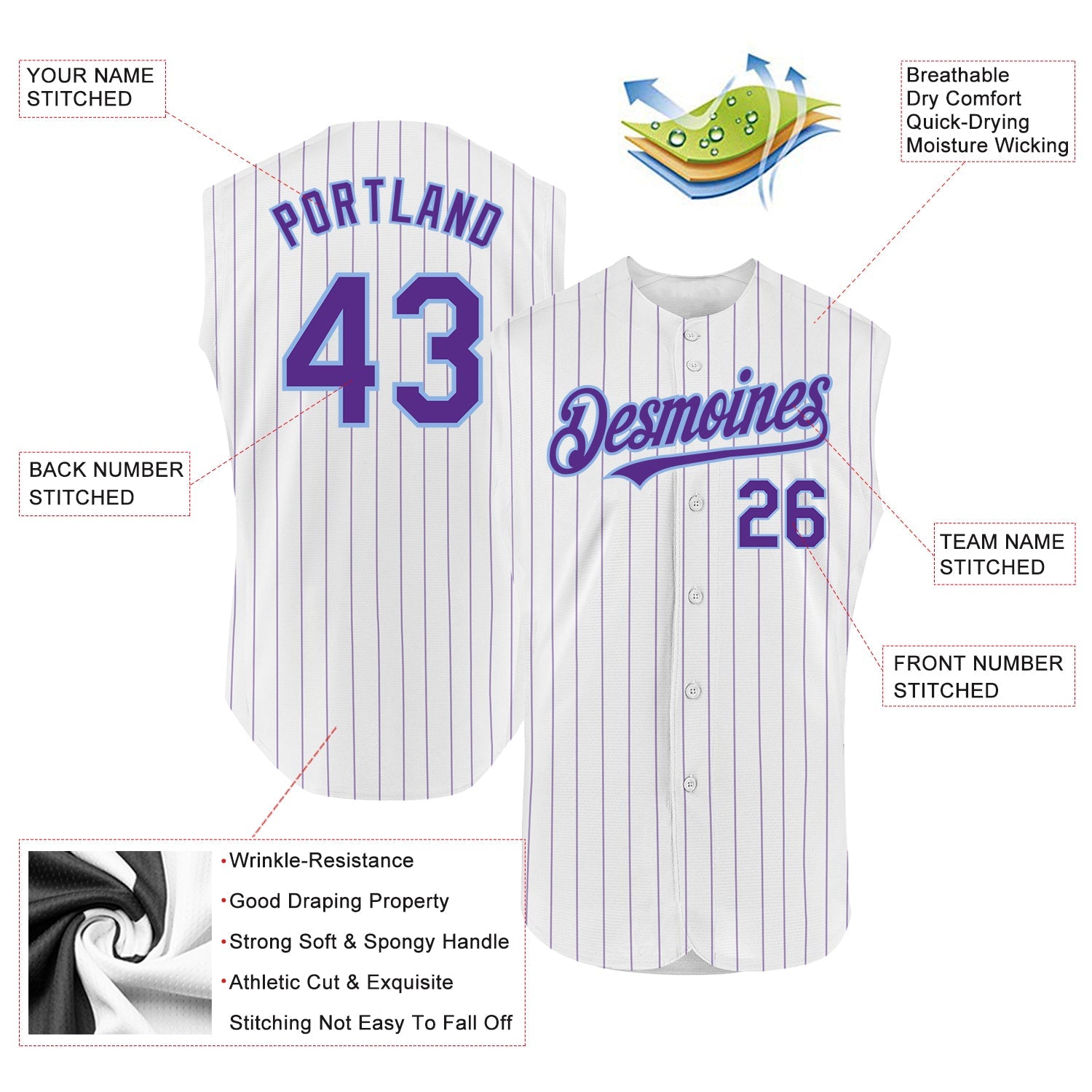Custom White Purple Pinstripe Light Blue Authentic Sleeveless Baseball Jersey view 2