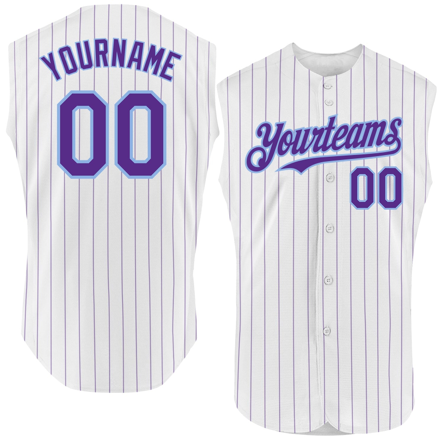 Custom White Purple Pinstripe Light Blue Authentic Sleeveless Baseball Jersey - Main View