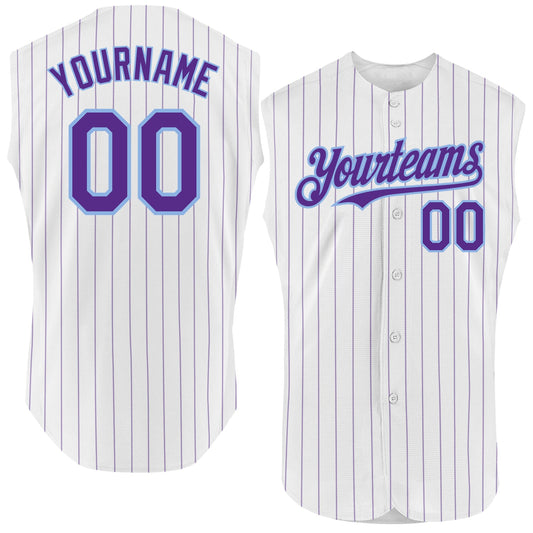 Custom White Purple Pinstripe Light Blue Authentic Sleeveless Baseball Jersey - Main View
