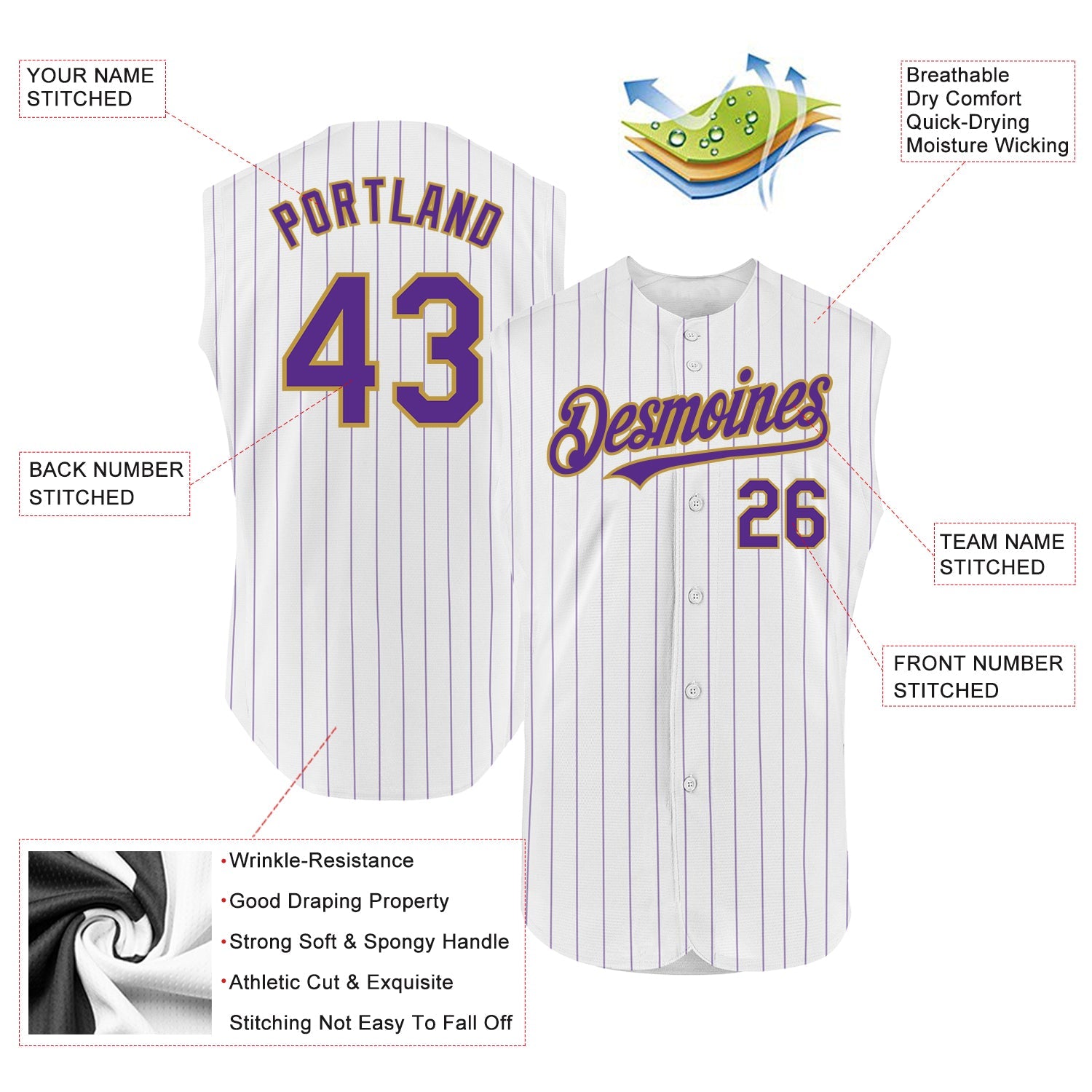 Custom White Purple Pinstripe Old Gold Authentic Sleeveless Baseball Jersey view 2