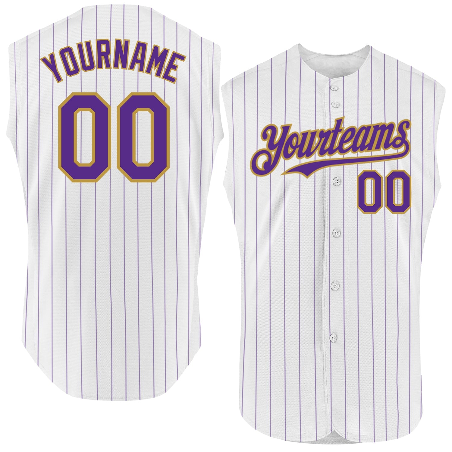 Custom White Purple Pinstripe Old Gold Authentic Sleeveless Baseball Jersey - Main View