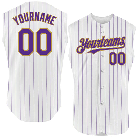Custom White Purple Pinstripe Old Gold Authentic Sleeveless Baseball Jersey - Main View