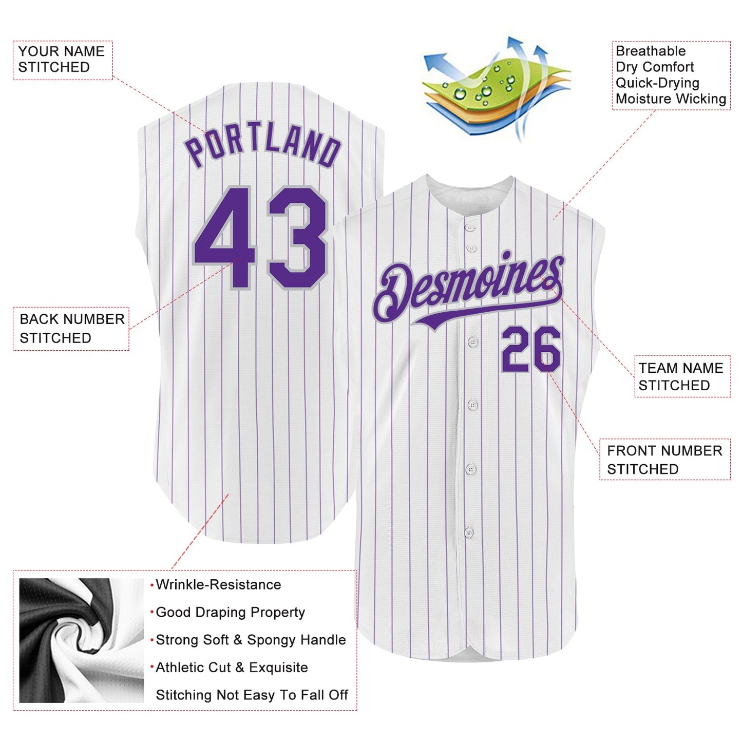 Custom White Purple Pinstripe Gray Authentic Sleeveless Baseball Jersey view 2