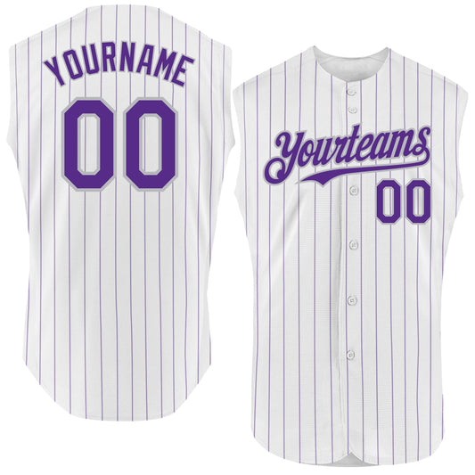 Custom White Purple Pinstripe Gray Authentic Sleeveless Baseball Jersey - Main View