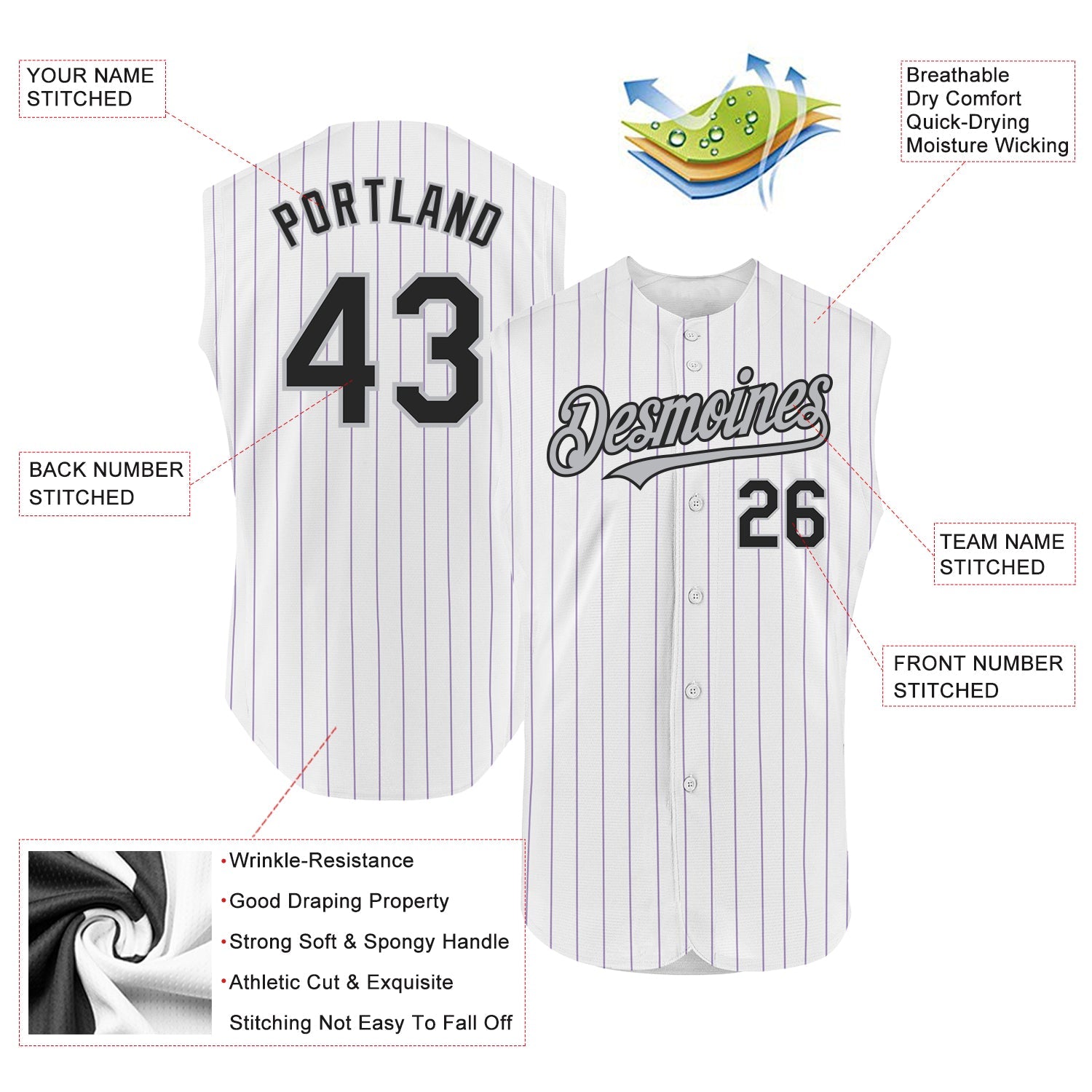 Custom White Purple Pinstripe Black-Gray Authentic Sleeveless Baseball Jersey view 2